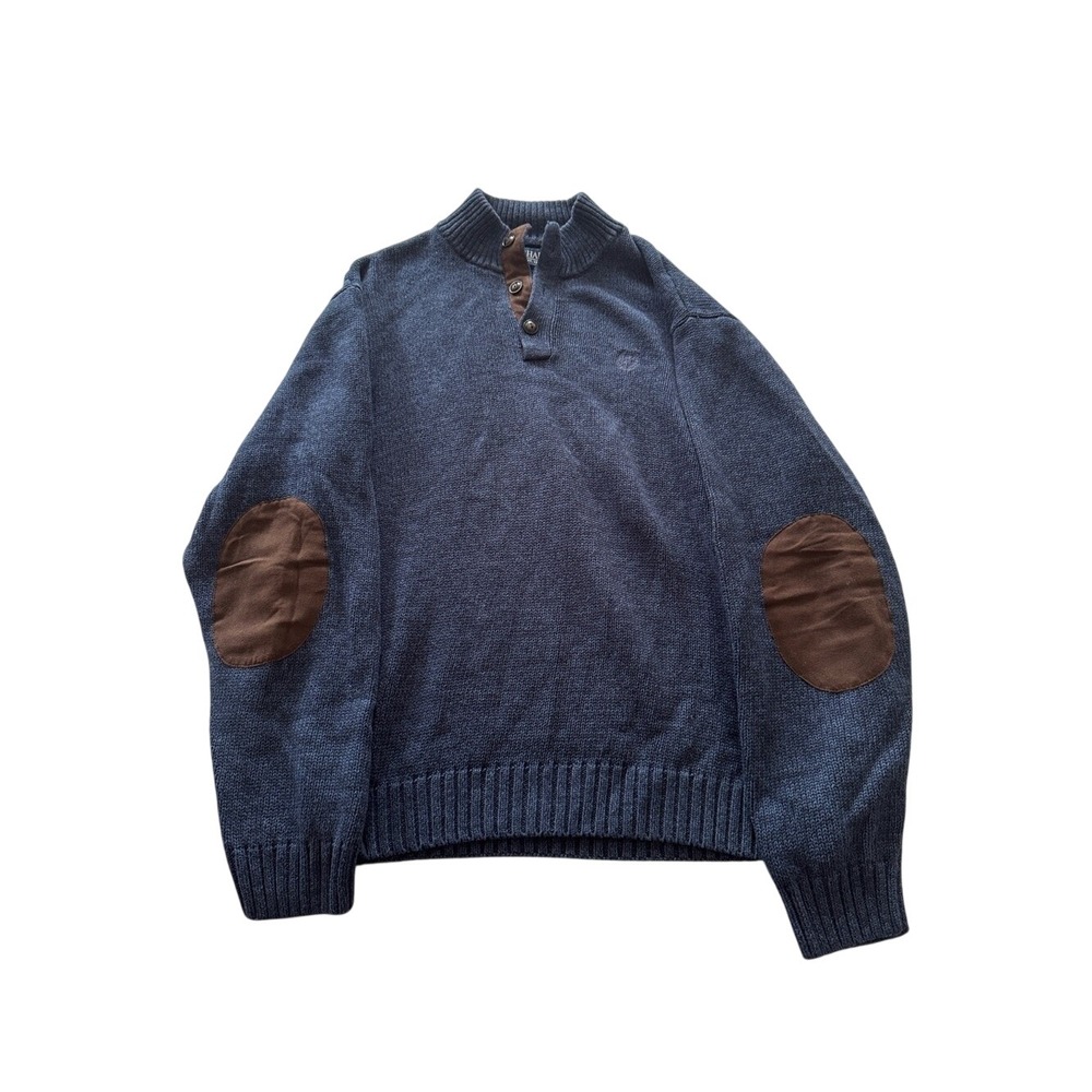 Chaps Navy Cotton Mock Neck Henley Sweater Elbow Patch‎ Men's Large